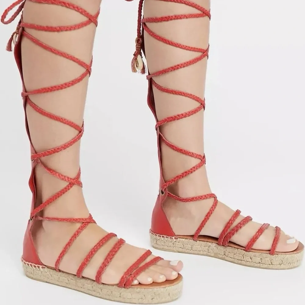 Free People SZ 38 Tall Red Leather Gladiator Lace Up Espidrills Spain Sandals